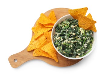 Photo of Tasty spinach dip with eggs in bowl and nachos chips isolated on white, top view