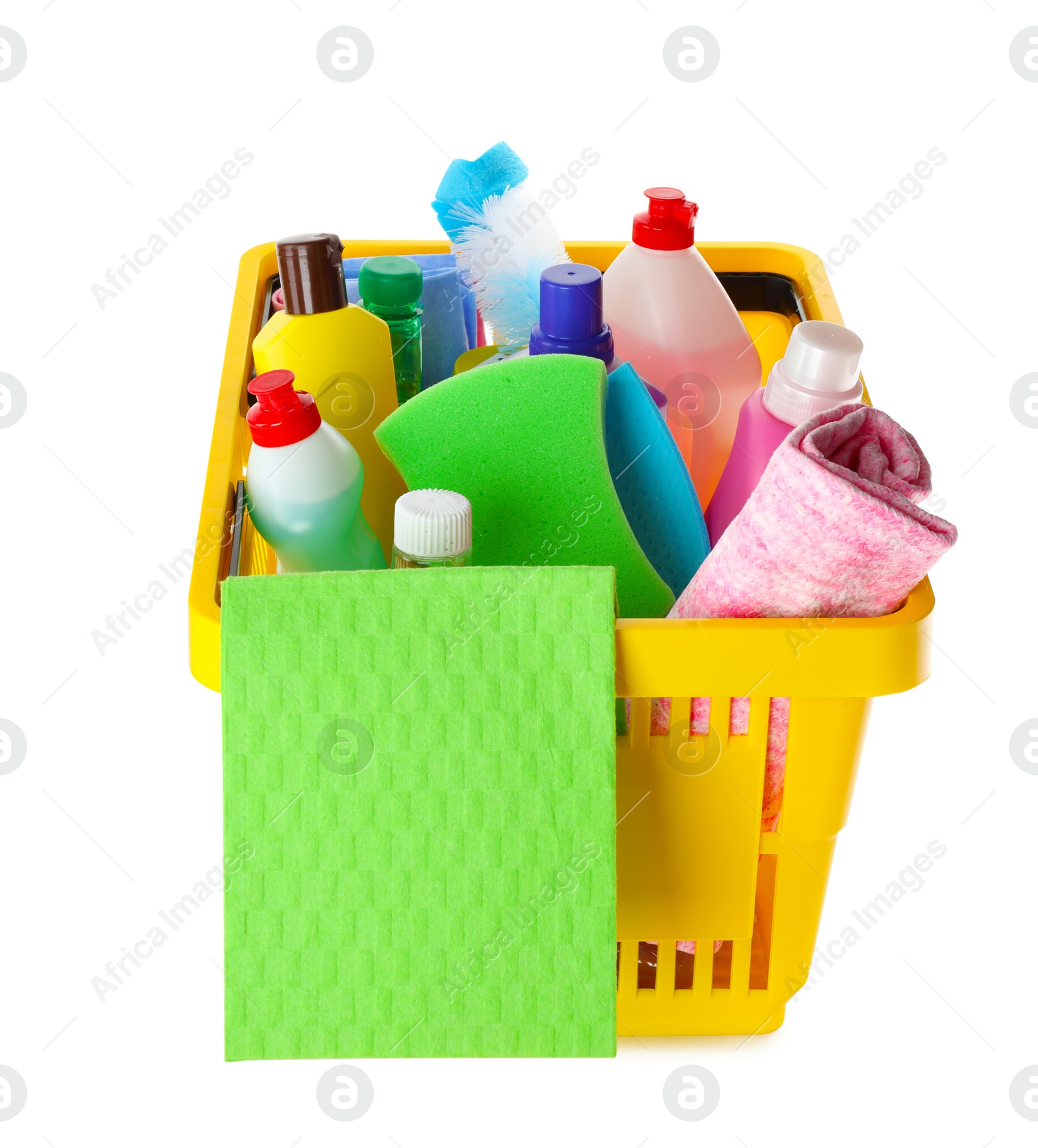 Photo of Yellow shopping basket with different household chemicals on white background