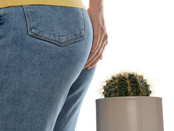 Woman sitting down on cactus against white background, closeup. Hemorrhoid concept