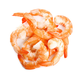 Delicious cooked shrimps isolated on white, top view