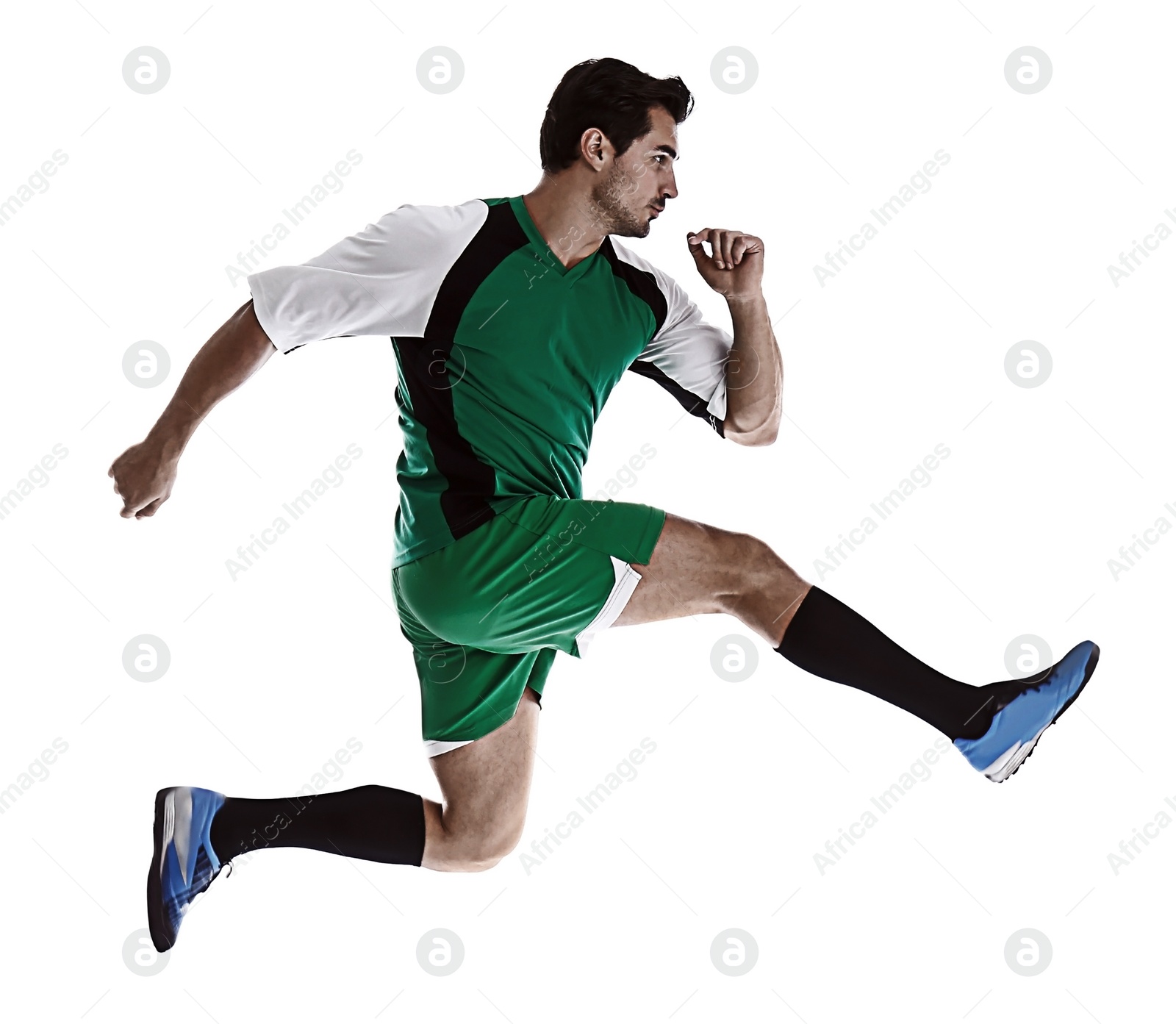 Image of Young man playing football on white background