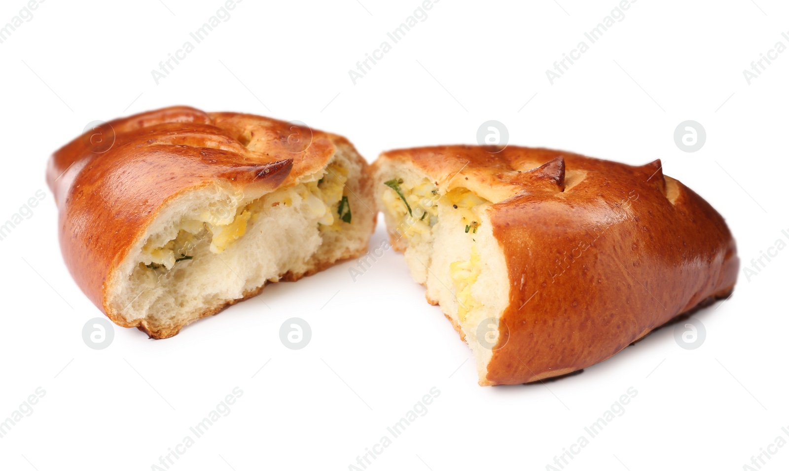 Photo of Delicious baked patty with egg on white background