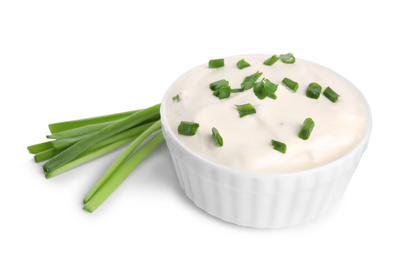 Photo of Fresh sour cream with onion on white background