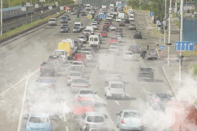 Image of Environmental pollution. Air contaminated with fumes in city. Cars surrounded by exhaust on road