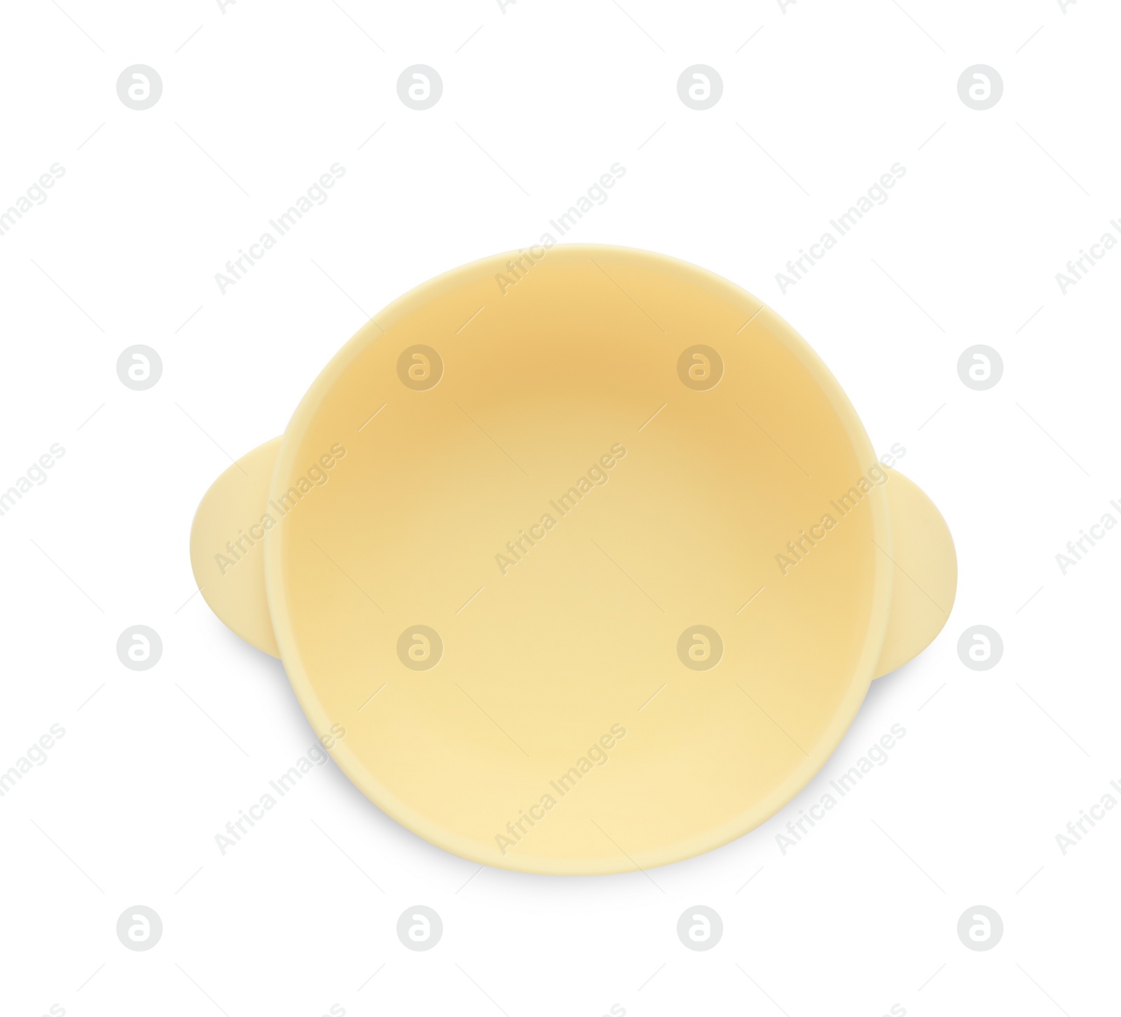 Photo of Plastic bowl isolated on white, top view. Serving baby food