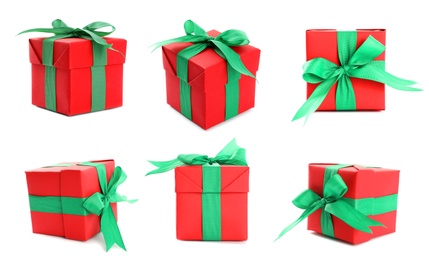 Image of Collage with Christmas gift box on white background, views from different sides