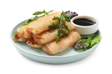 Photo of Tasty fried spring rolls, arugula, lettuce and sauce isolated on white