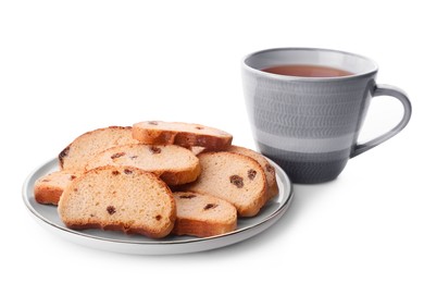 Photo of Sweet hard chuck crackers with raisins and cup of tea on white background