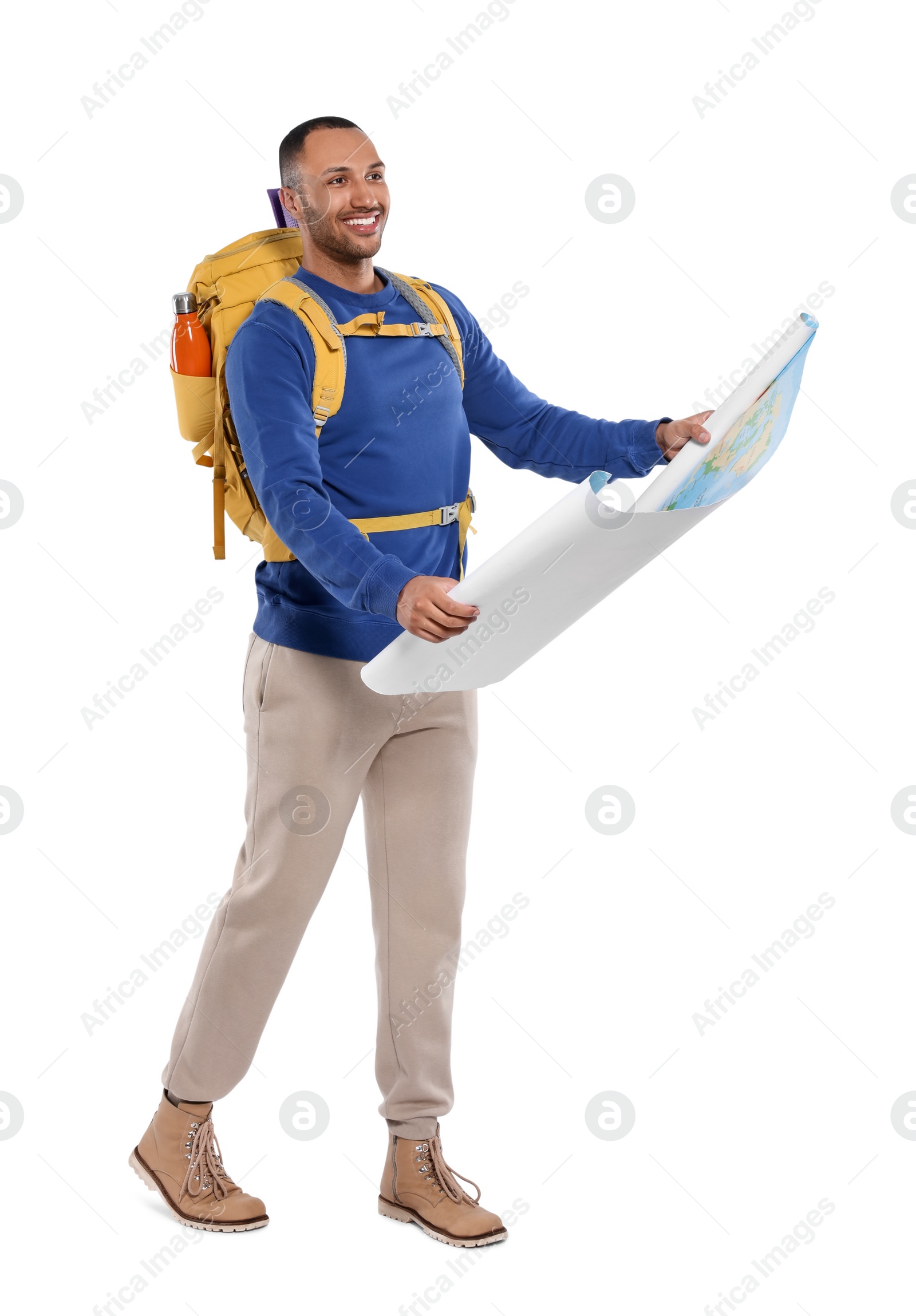 Photo of Happy tourist with backpack and map on white background