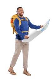 Photo of Happy tourist with backpack and map on white background