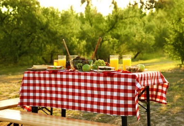 Picnic table with different snacks and drink in park