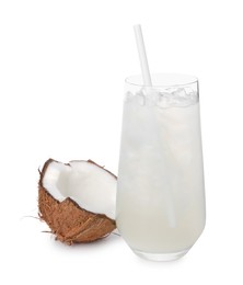 Glass of coconut water, ice cubes and nut isolated on white