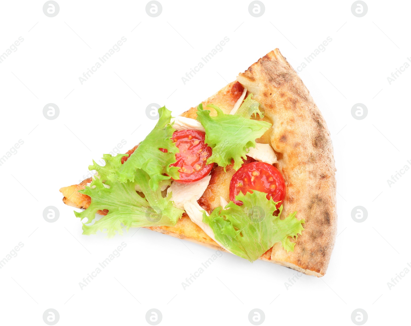 Photo of Slice of delicious pizza isolated on white, top view