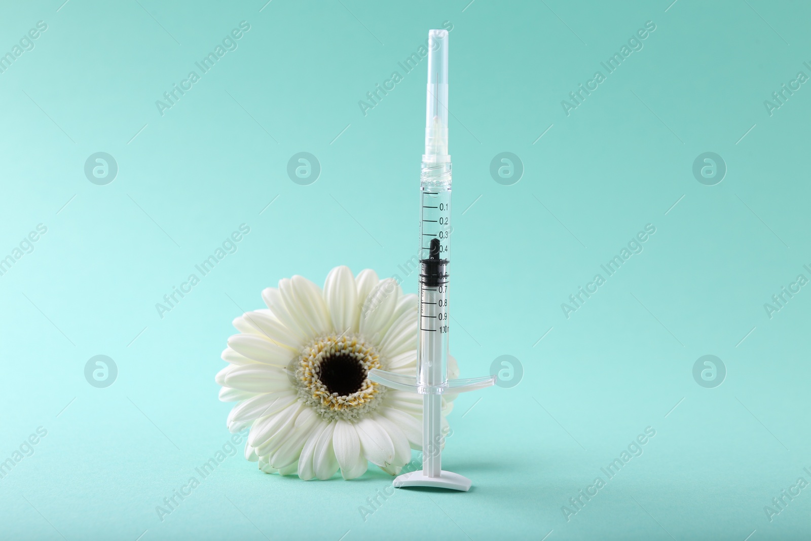 Photo of Cosmetology. Medical syringe and gerbera flower on turquoise background