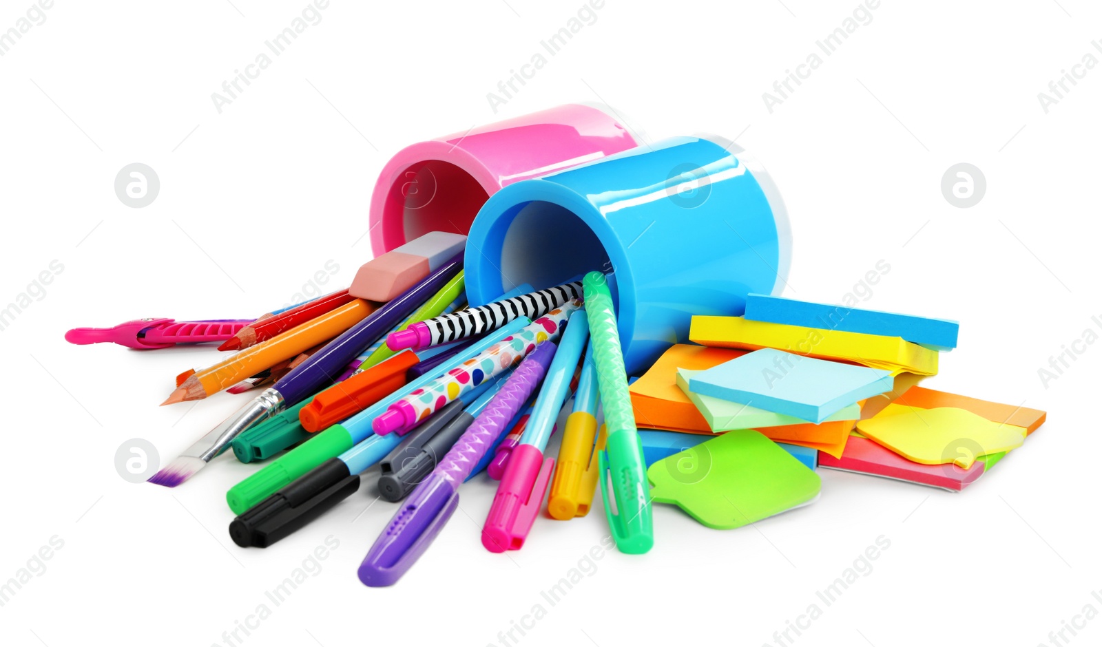 Photo of Set of colorful school stationery on white background