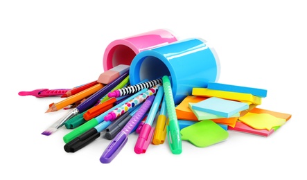 Set of colorful school stationery on white background