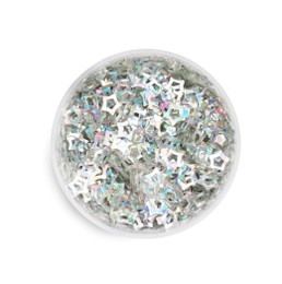 Photo of Beautiful sequins in shape of stars on white background, top view