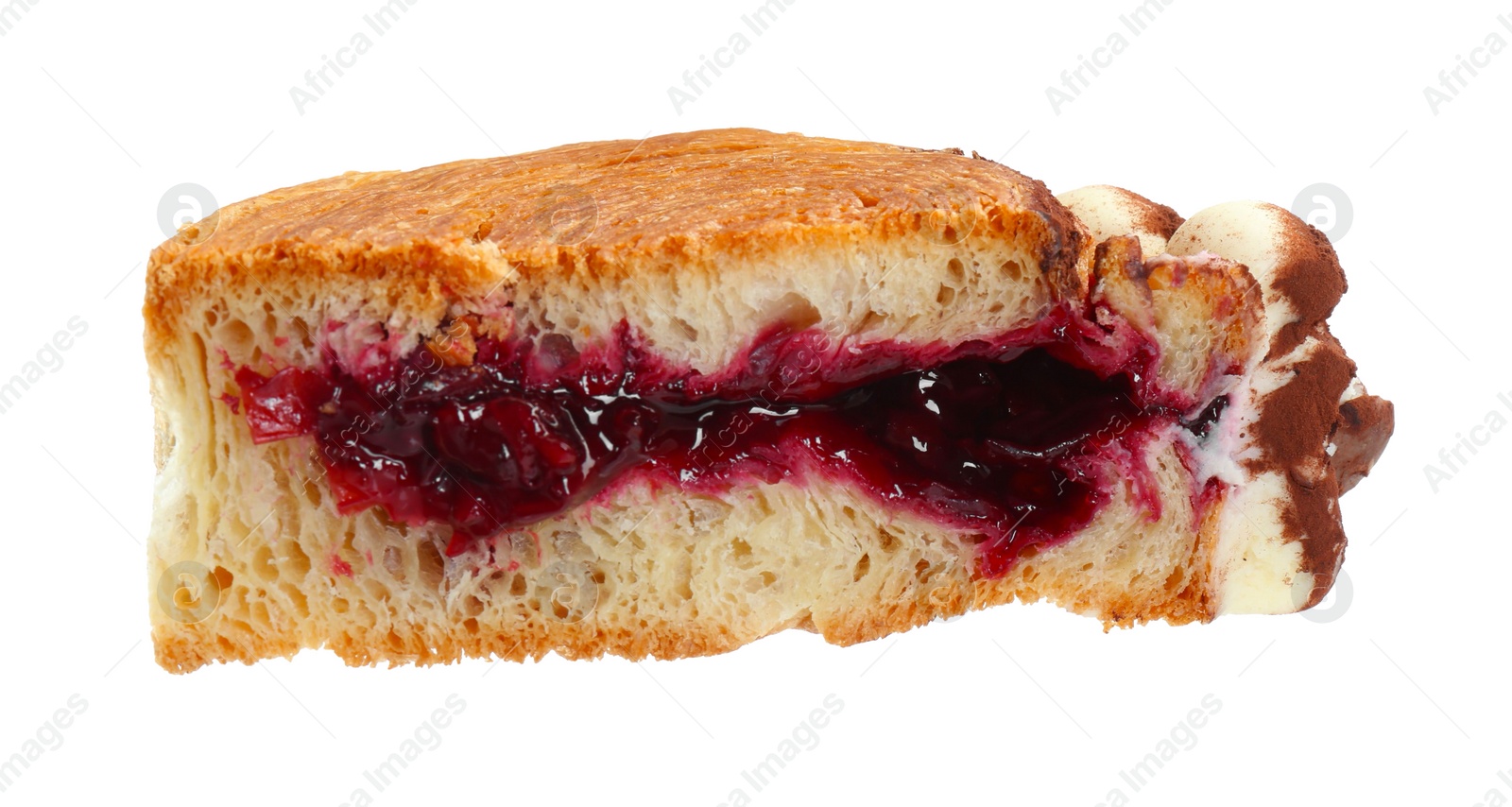 Photo of Half of round croissant with jam isolated on white. Tasty puff pastry