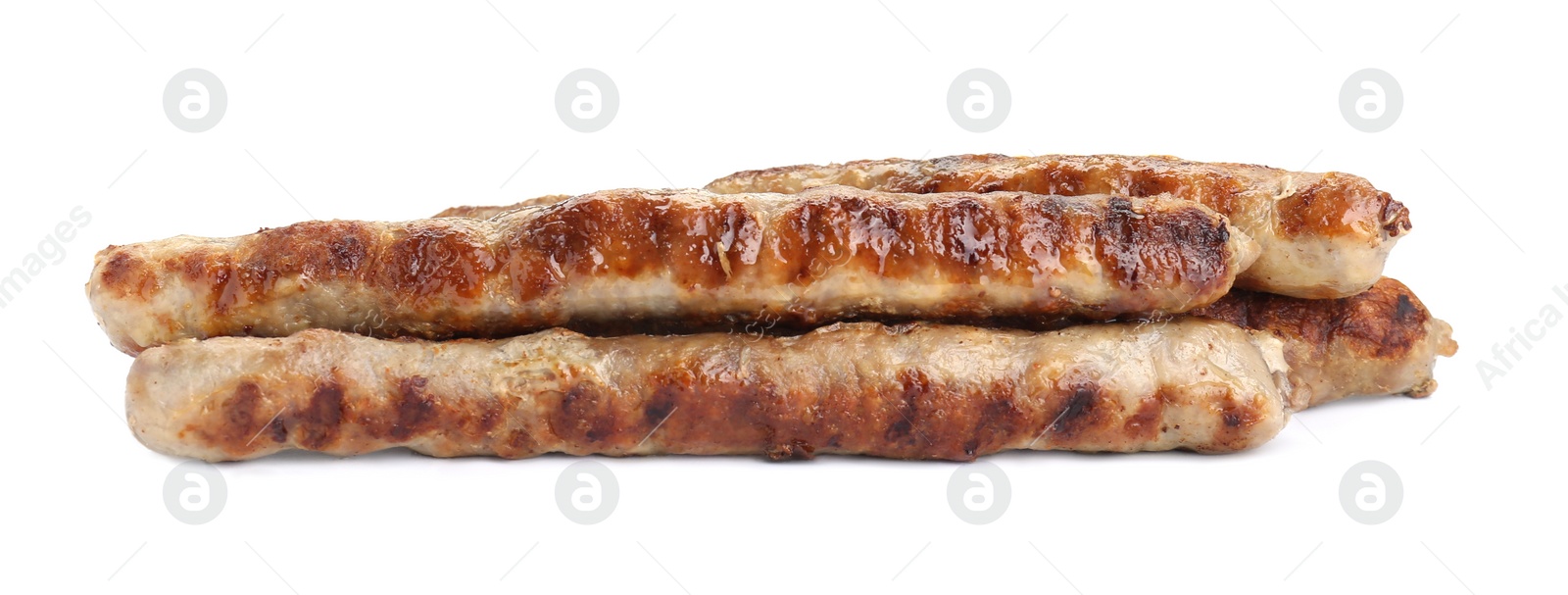 Photo of Tasty fresh grilled sausages isolated on white