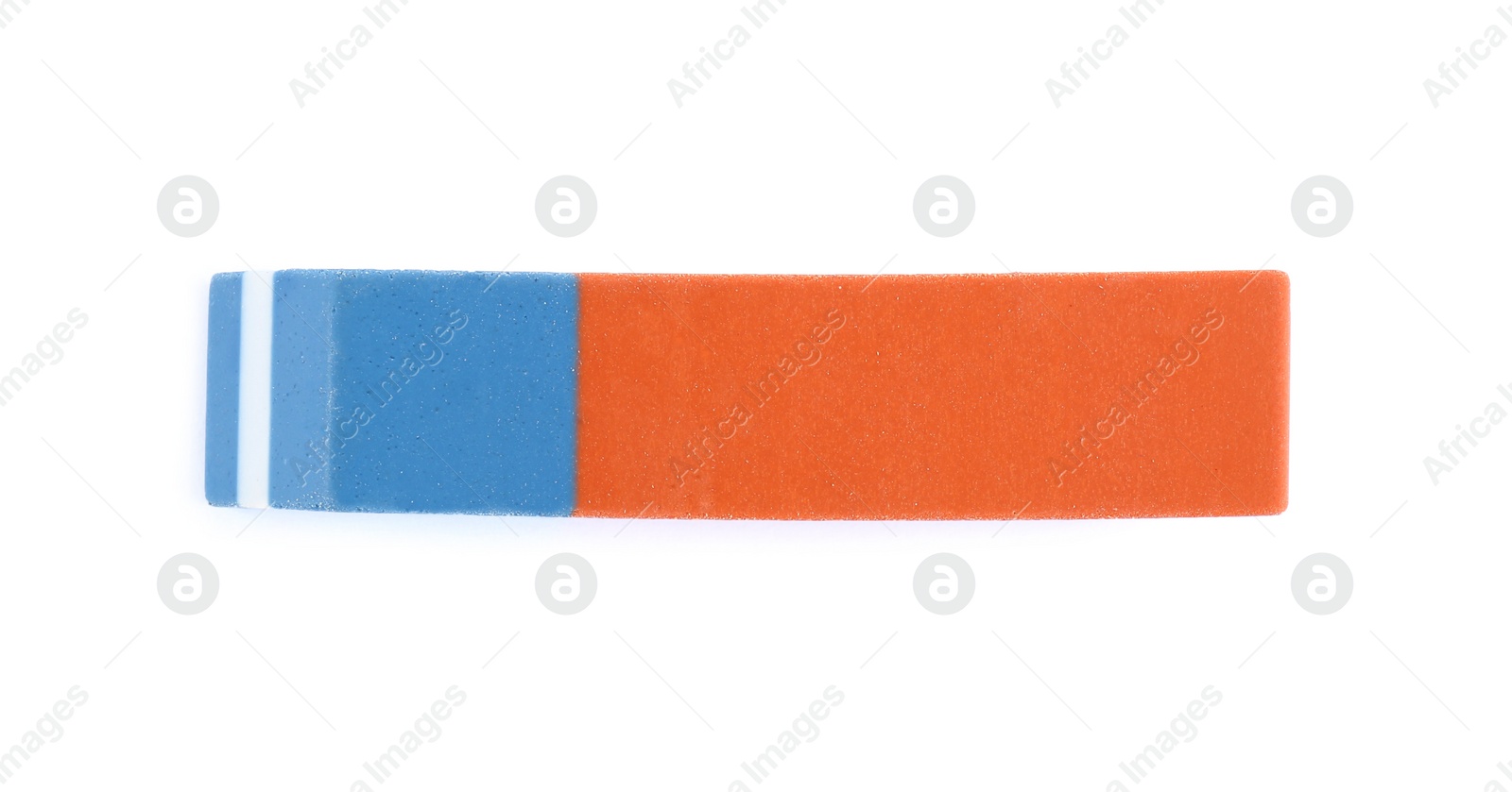 Photo of New double eraser isolated on white, top view. School stationery