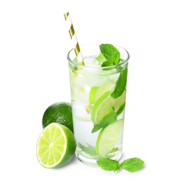 Delicious mojito and ingredients on white background