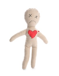 Photo of Voodoo doll with pin in heart isolated on white