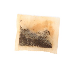 Photo of Used tea bag on white background, top view