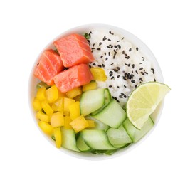 Photo of Delicious poke bowl with salmon, lime and vegetables isolated on white, top view