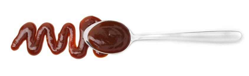 Tasty barbecue sauce and spoon isolated on white, top view