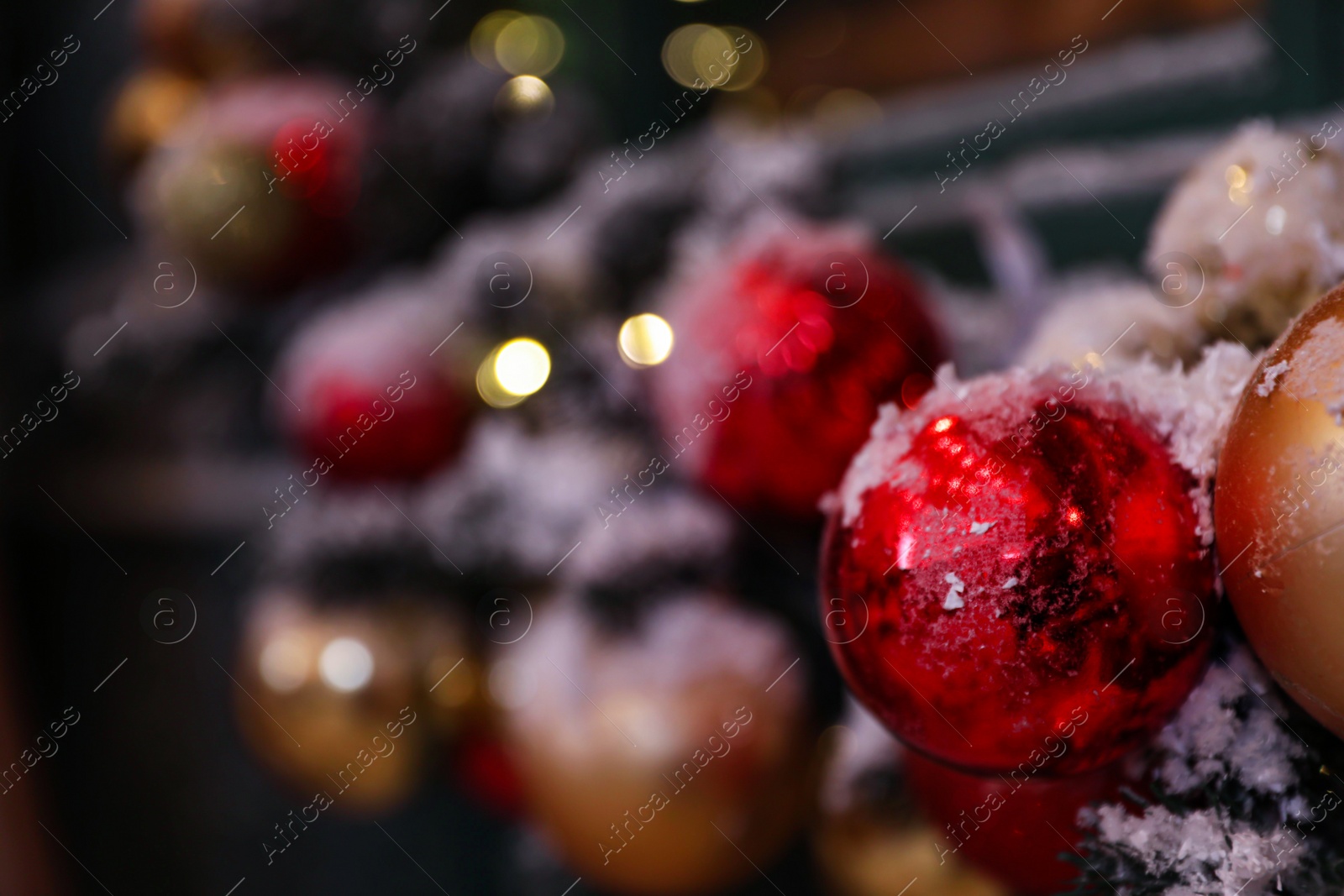 Photo of Beautiful Christmas balls on blurred background, closeup