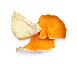 Photo of Dry orange peels on white background, top view