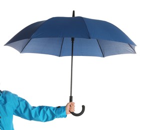 Photo of Woman with open blue umbrella on white background, closeup