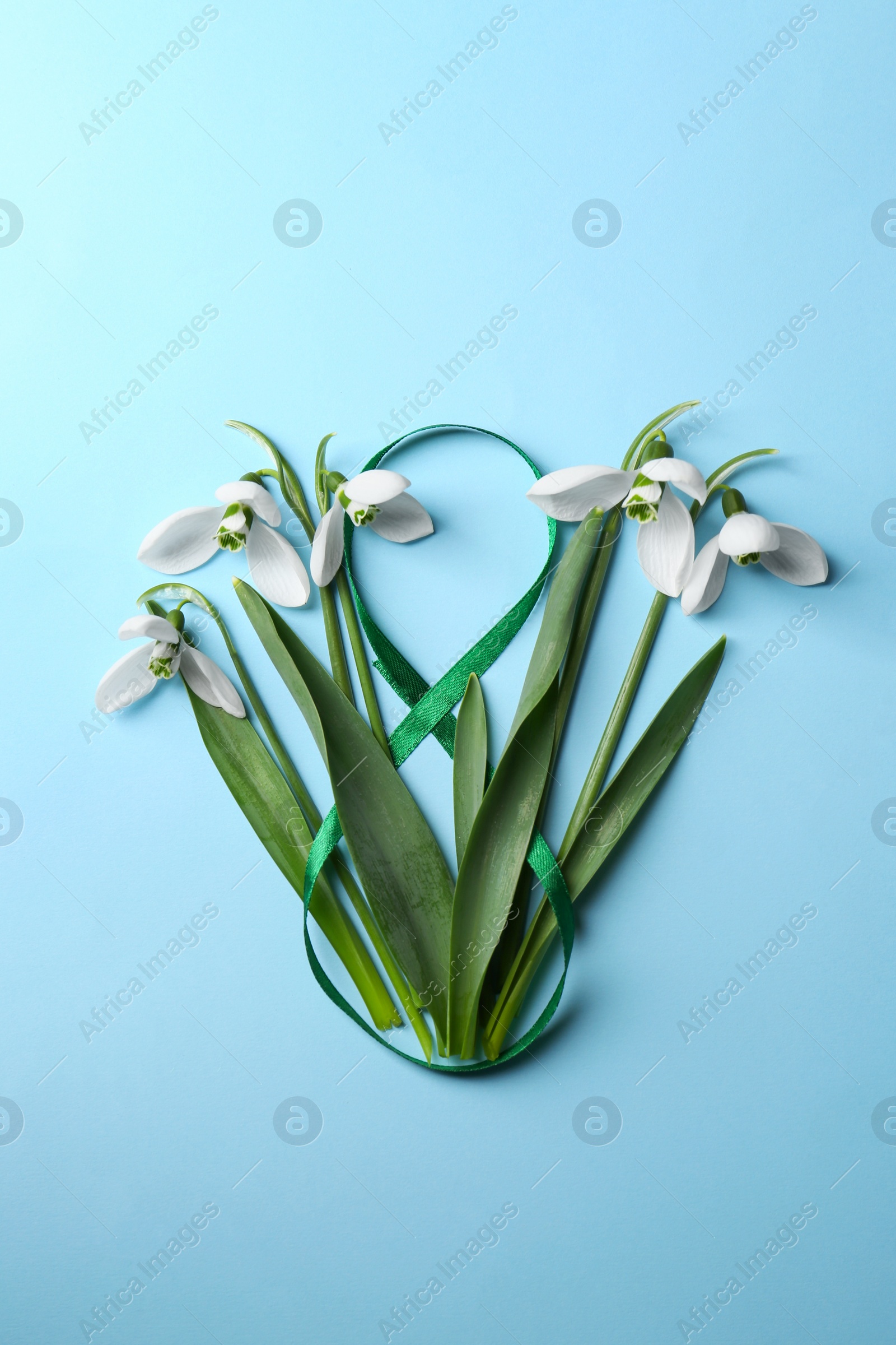 Photo of Beautiful snowdrops and number 8 made of ribbon on light blue background, flat lay