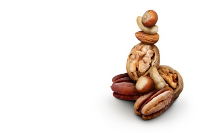 Image of Many different nuts on white background. Hazelnut, cashew, almond, walnut and pecan