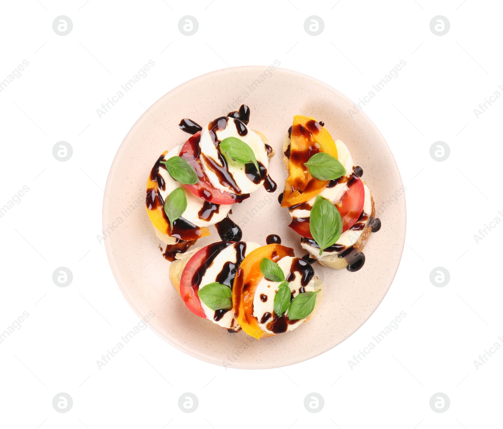 Photo of Delicious bruschettas with mozzarella cheese, tomatoes and balsamic vinegar isolated on white, top view