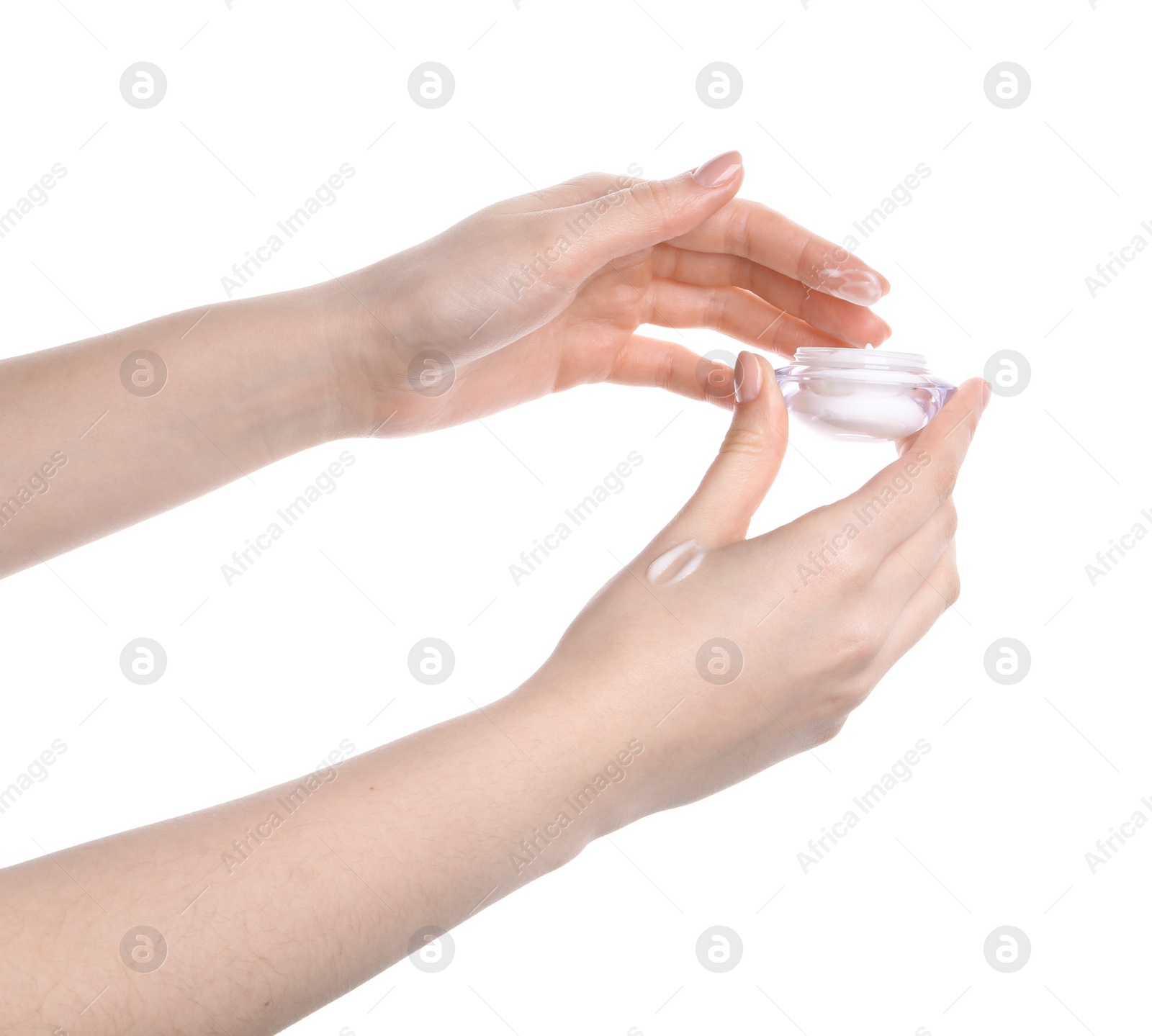 Photo of Woman with jar of cream on white background, closeup