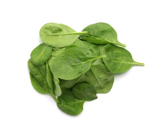 Photo of Pile of fresh spinach leaves isolated on white, top view