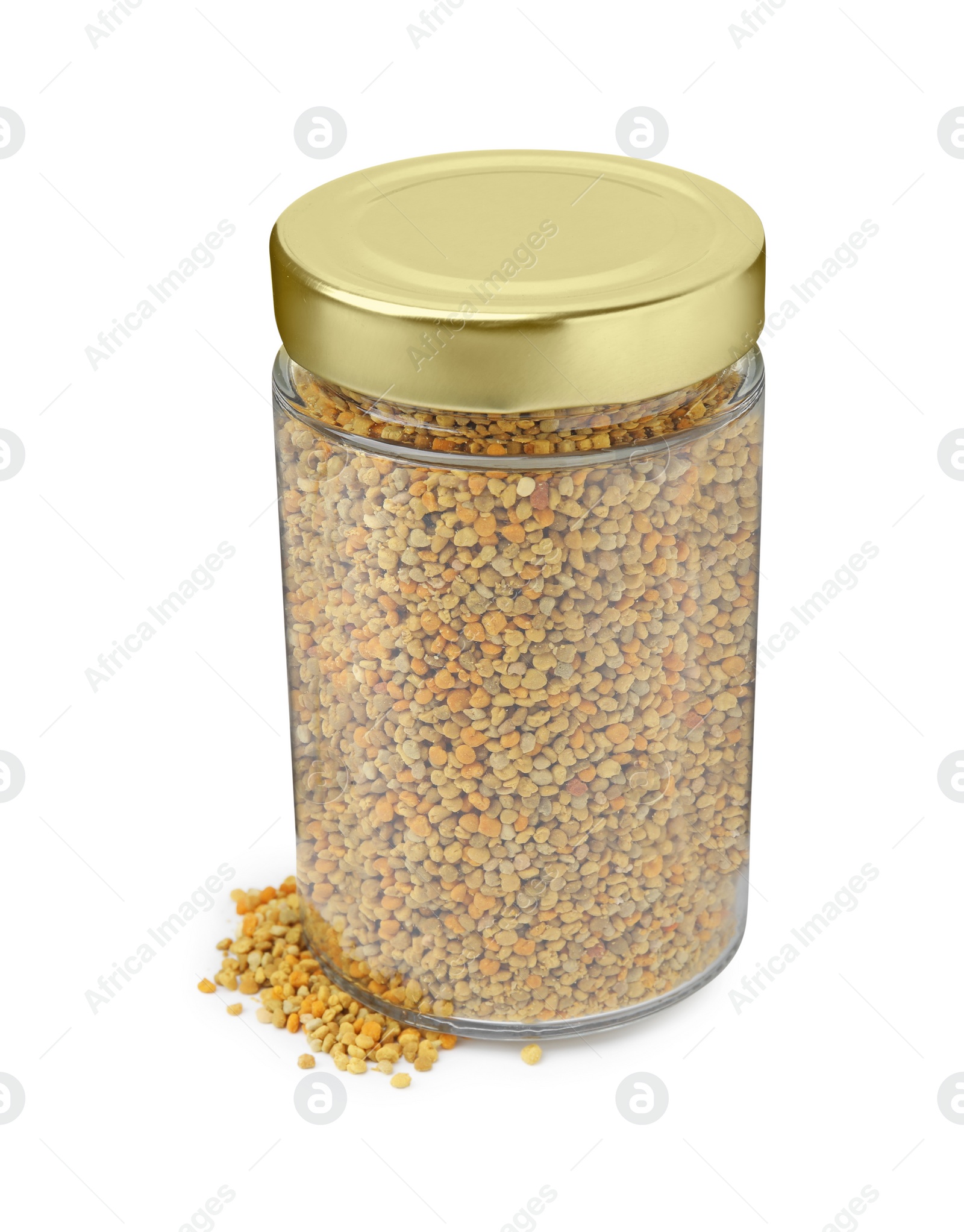 Photo of Fresh bee pollen granules in jar isolated on white