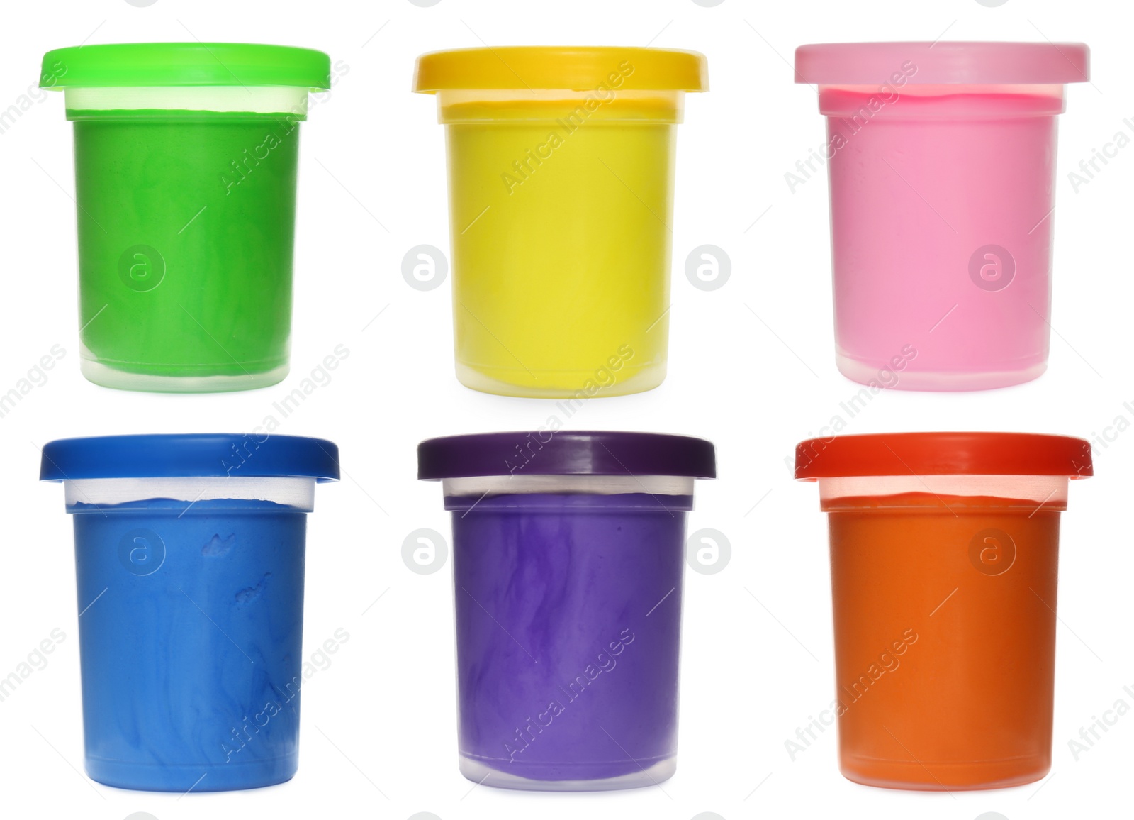 Image of Set with different colorful play dough on white background