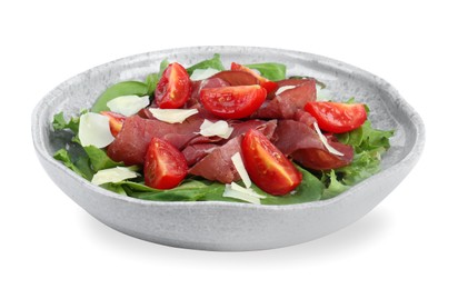 Delicious bresaola salad with tomatoes and parmesan cheese isolated on white