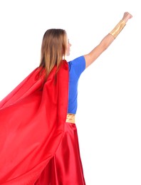 Woman wearing superhero costume on white background, back view