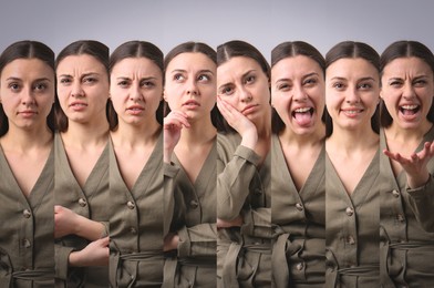 Image of Young woman expressing different emotions on light grey background, collage. Personality concept