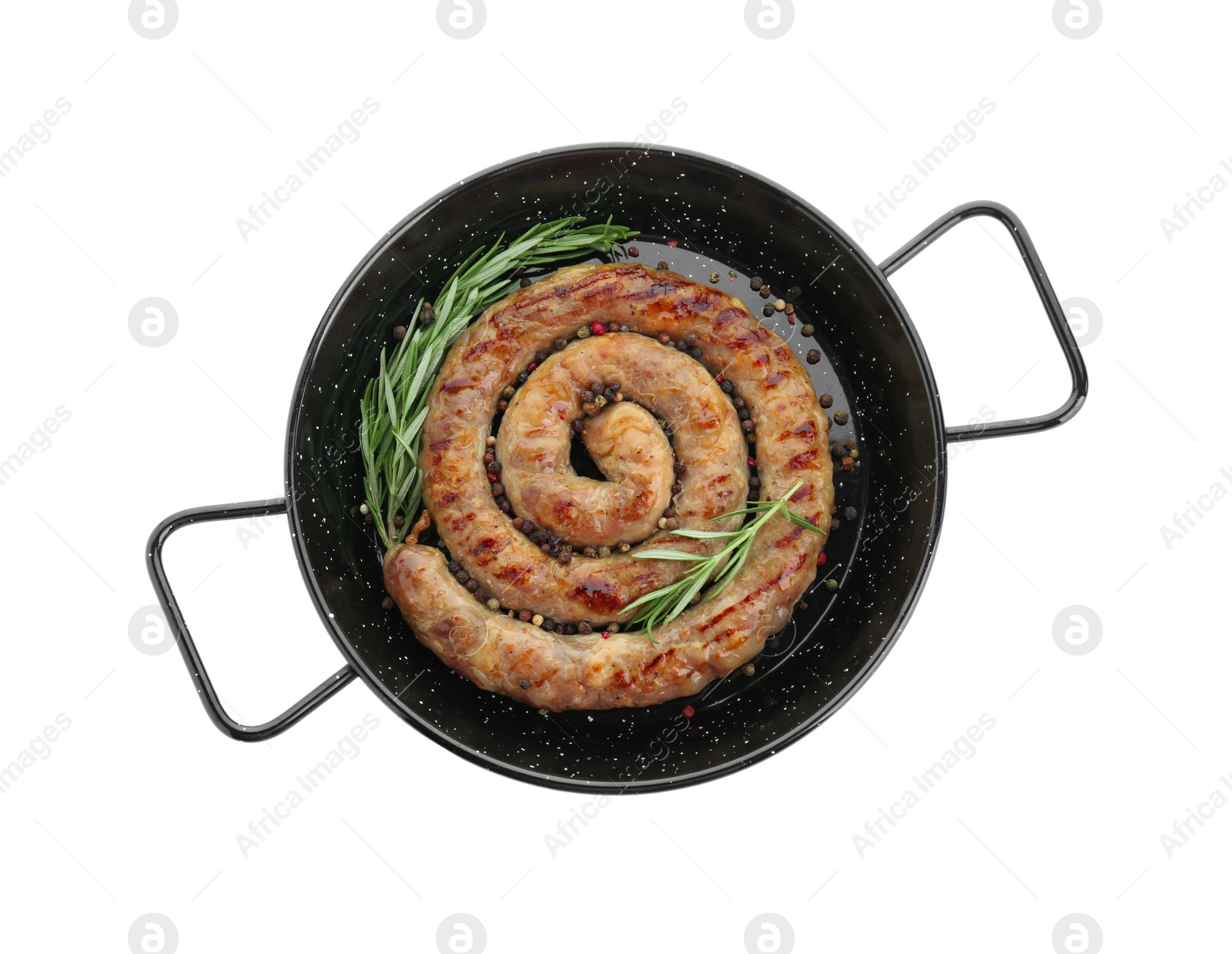 Photo of Tasty homemade sausages with spices isolated on white, top view