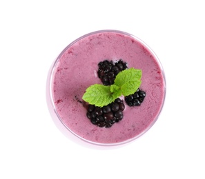 Photo of Delicious blackberry smoothie in glass on white background, top view