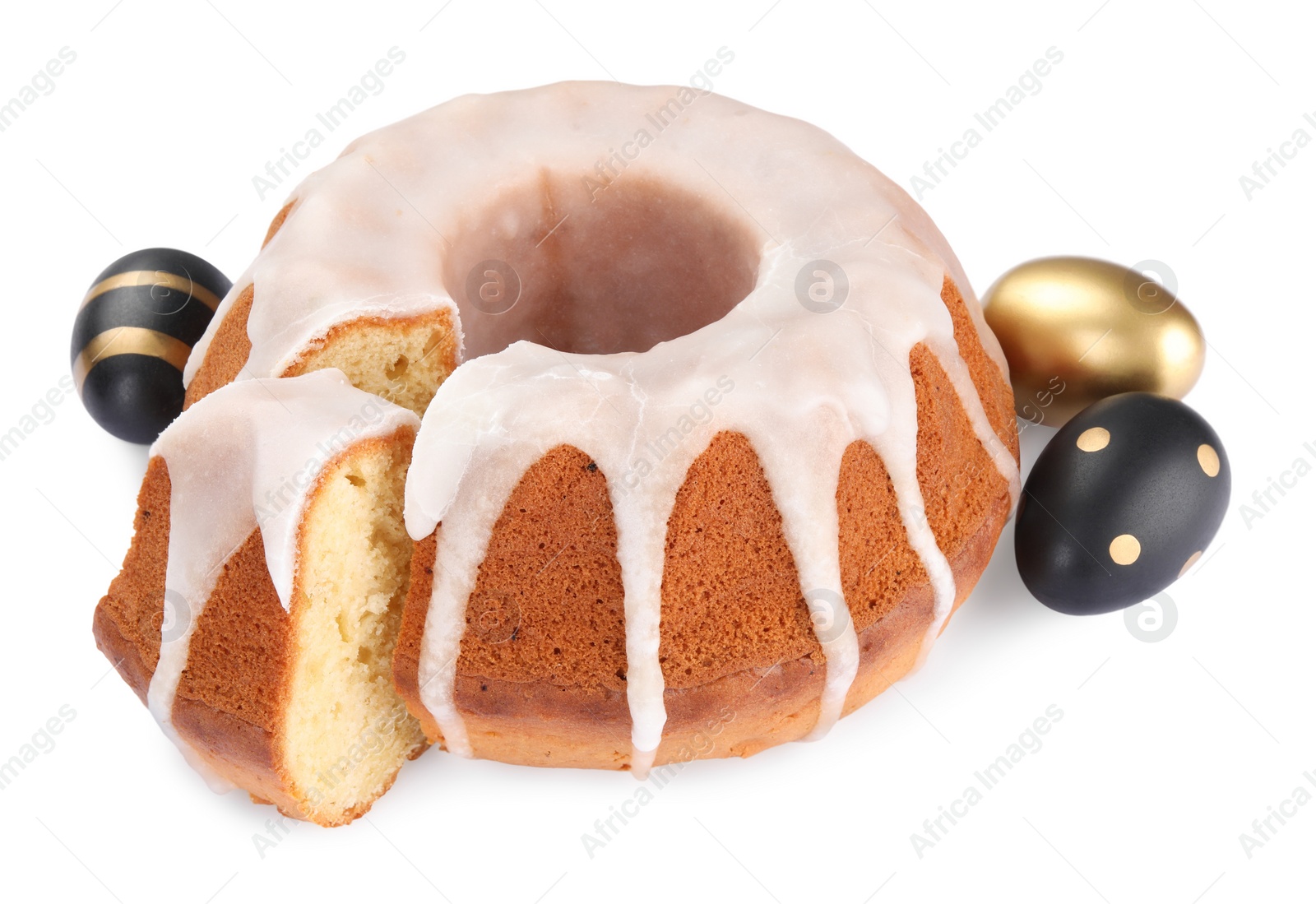 Photo of Traditional Easter cake and festively decorated eggs on white background