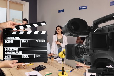 Image of Shooting movie. Second assistant camera holding clapperboard near video camera in front of coworkers (actors) at office (film set)
