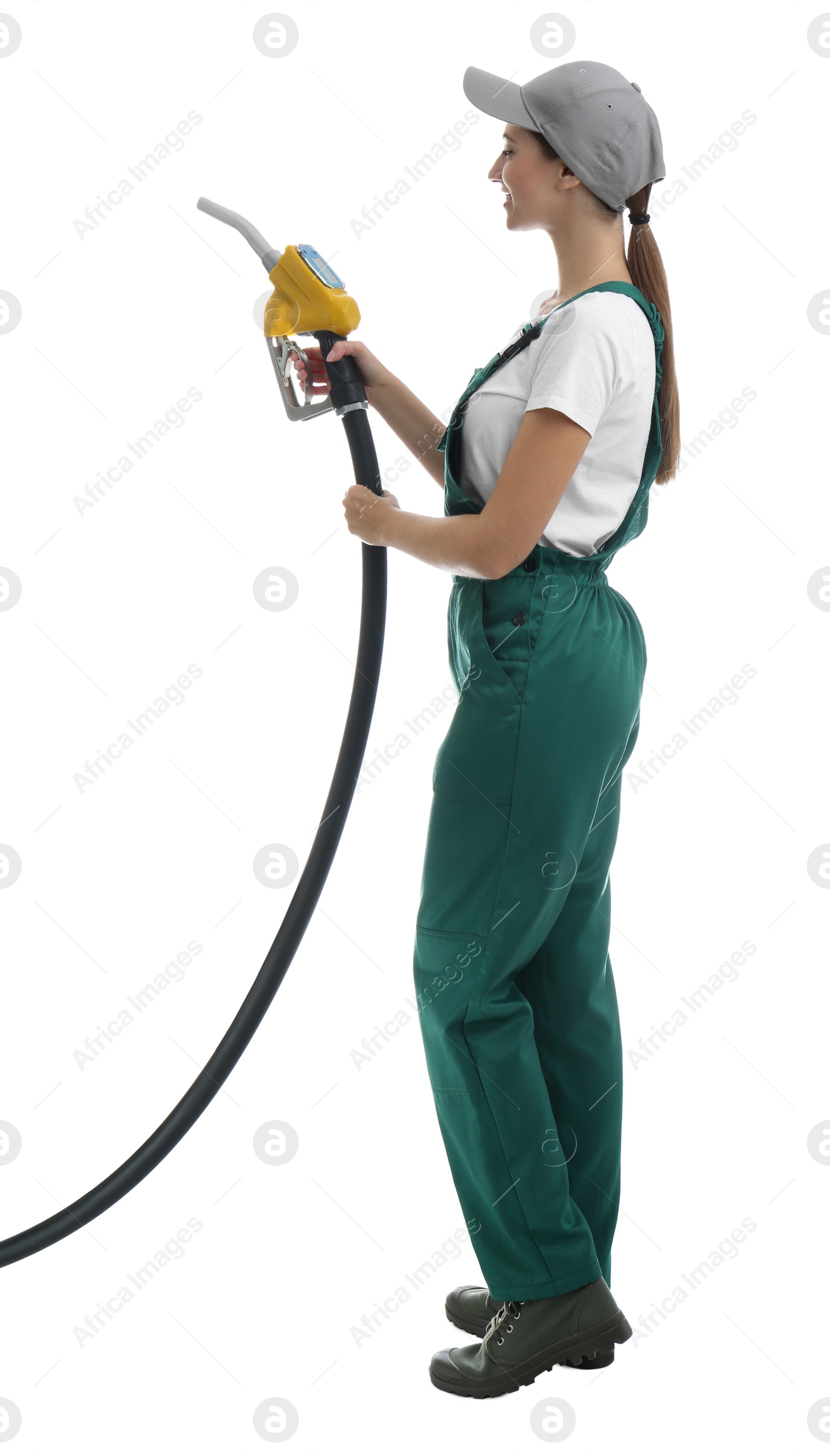 Photo of Gas station worker with fuel nozzle on white background
