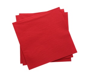 Photo of Stack of red clean paper tissues on white background, top view