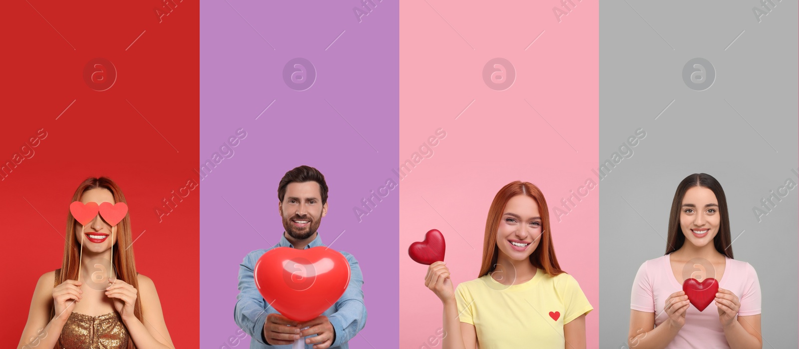 Image of Happy people with decorative red hearts on color backgrounds, set of photos. Valentine's day celebration