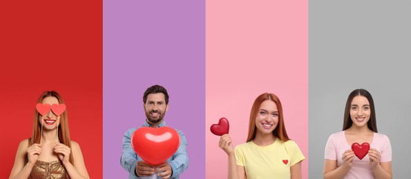 Image of Happy people with decorative red hearts on color backgrounds, set of photos. Valentine's day celebration